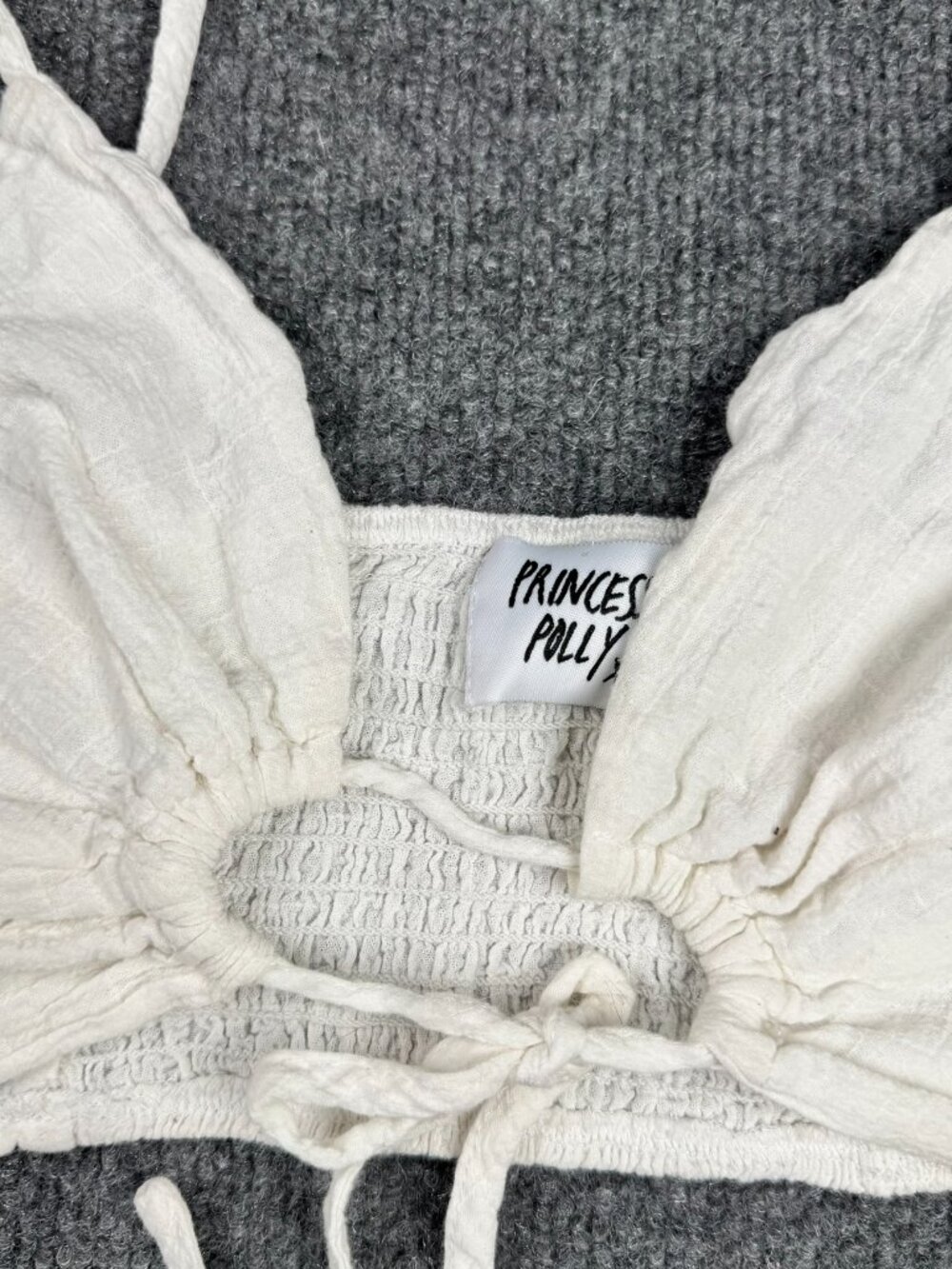 Princess Polly White Cotton Tie Front Smocked Crop Top Size US 4 - Picture 4 of 5